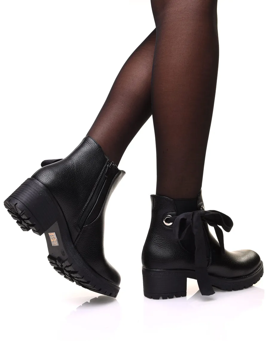 Black Crisscrossed Booties with Bow and Eyelet